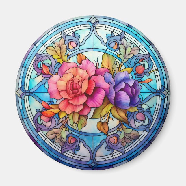 Purple & Pink Rose Floral Faux Stained-Glass Magnet (Front)