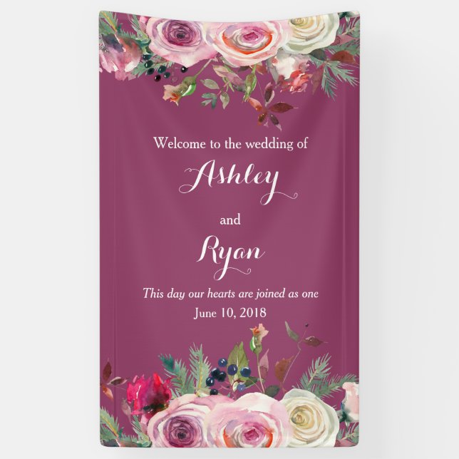 Purple Pink Rose Floral Wedding Welcome Banner (Vertical)
