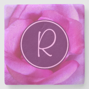 Purple pink rose flower monogram initial modern stone coaster