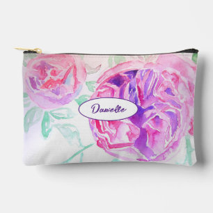 Purple Pink Rose Flower Pattern Watercolor Girls Accessory Pouch