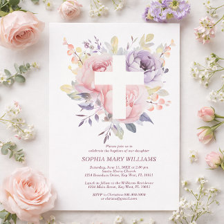 Purple Pink Rose & White Cross Girl Baptism  Invitation