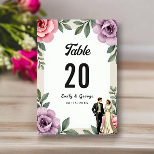 Purple Pink Roses Couple Watercolor Floral Wedding Table Number