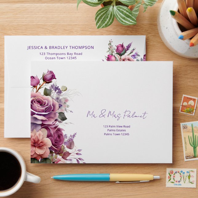Purple pink roses elegant wedding addressed envelope (Desk)