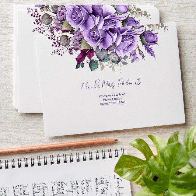 Purple pink roses elegant wedding addressed envelope (Stacked)