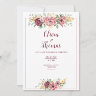 purple pink roses modern wedding card invitation