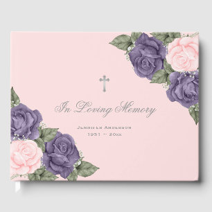 Purple Pink Roses Silver Floral Memorial Funeral Guest Book