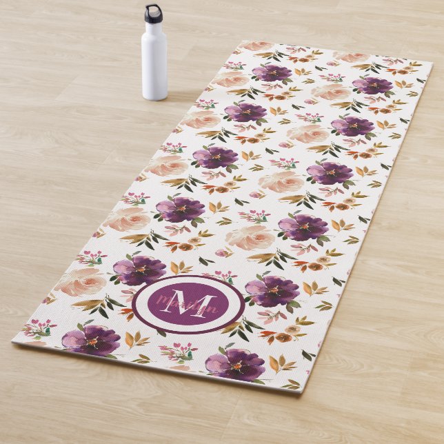 Purple Pink Roses Watercolor Flower Floral Yoga Mat (In Situ)