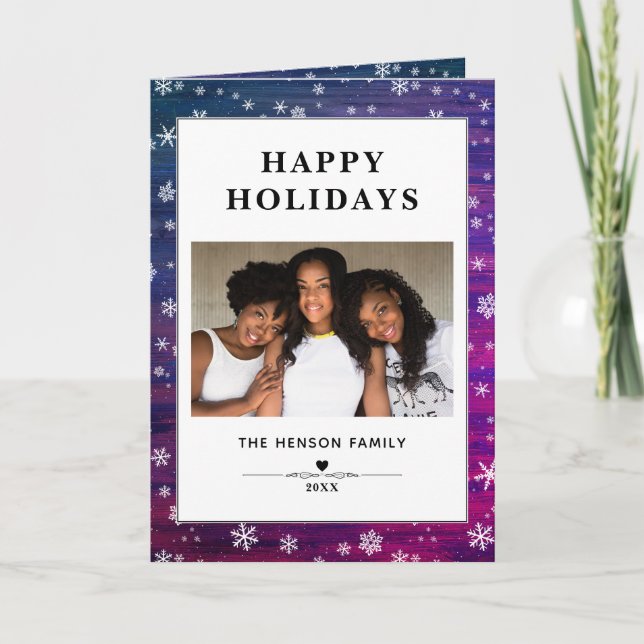 Purple Pink Rustic Wood Snowflake Christmas Photo Holiday Card (Front)