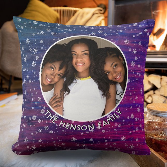 Purple Pink Rustic Wood Snowflake Christmas Photo Throw Pillow (Creator Uploaded)