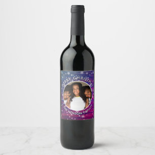 Purple Pink Rustic Wood Snowflake Christmas Photo  Wine Label
