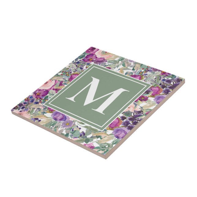 Purple Pink Sage Green Boho Flowers Monogram   Tile (Side)