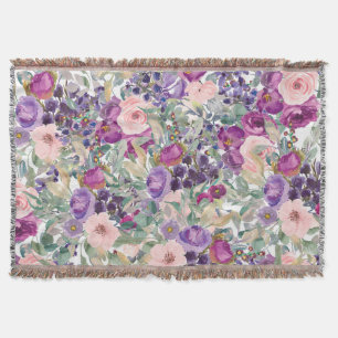 Purple Pink Sage Green Boho Flowers  Throw Blanket