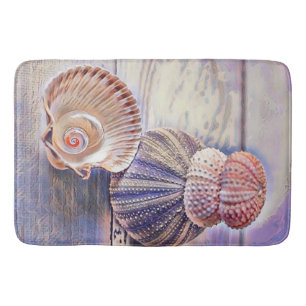 Purple pink seashells on wood watercolor  bath mat