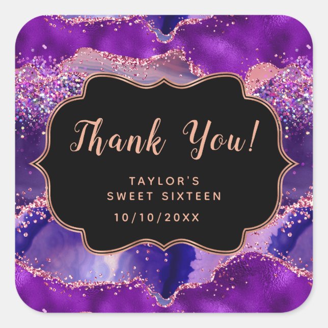 Purple Pink Sequins Agate Sweet Sixteen Thank You Square Sticker (Front)