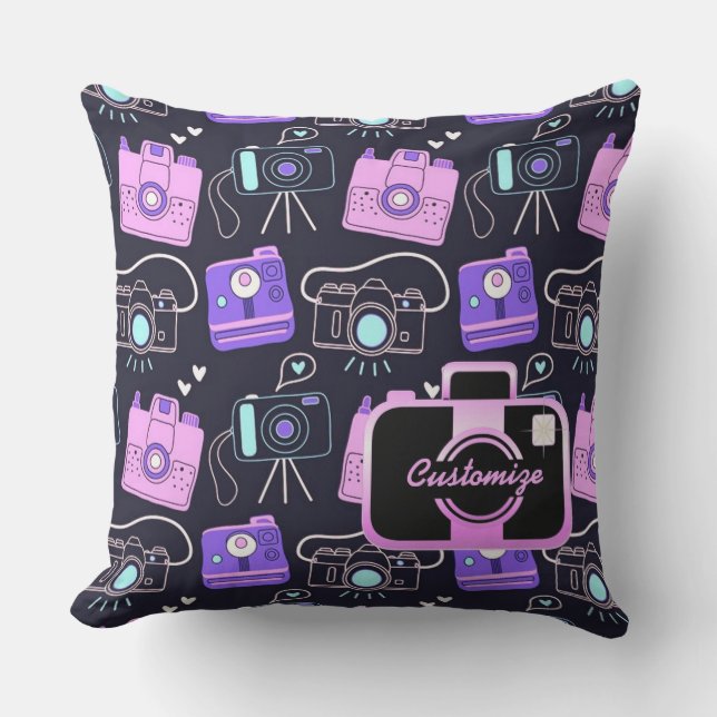 Purple & Pink Shutter Bug Retro Cameras Pillow (Front)