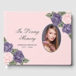 Purple Pink Silver Floral Photo Memorial Funeral Guest Book