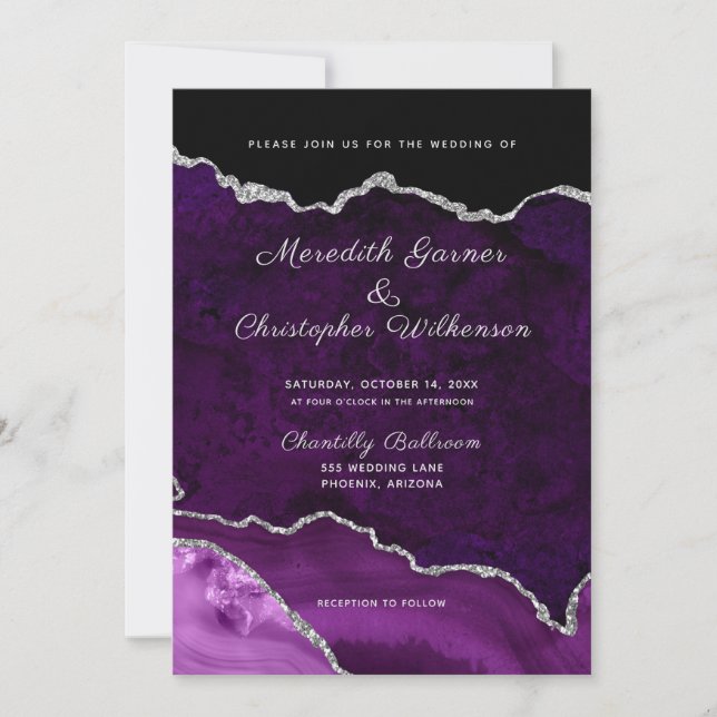 Purple Pink Silver Glitter Agate Geode Wedding Invitation (Front)