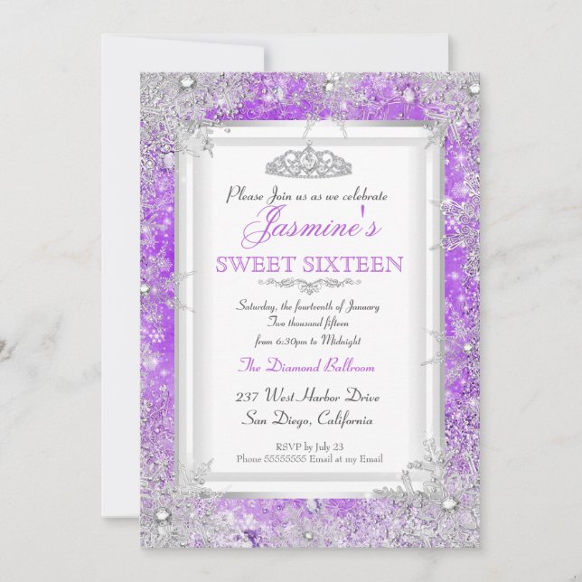 Purple Pink Silver Winter Wonderland Sweet 16 Invitation (Front)