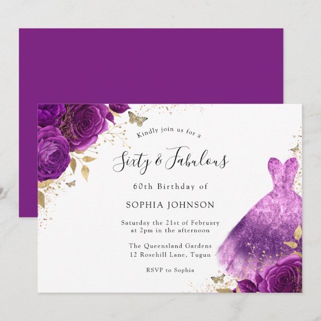 Purple Pink Sparkle Dress Rose 60th Birthday Party Invitation (Front/Back)