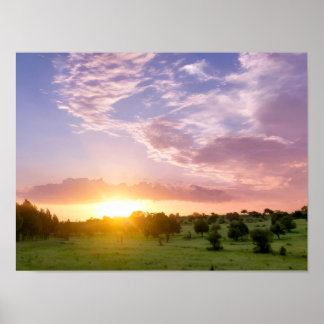 Purple Pink Sunset Over Green Field - Dreamy Tree Poster