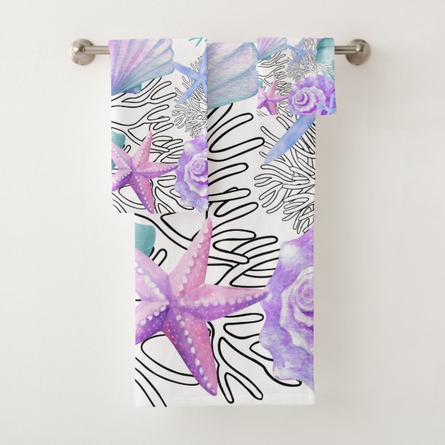 Purple Pink Teal And White Seashells Bath Towel Set (Insitu)