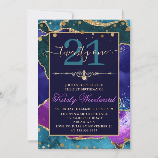 Purple, Pink & Teal Gold Glitter Agate Birthday Invitation (Front)