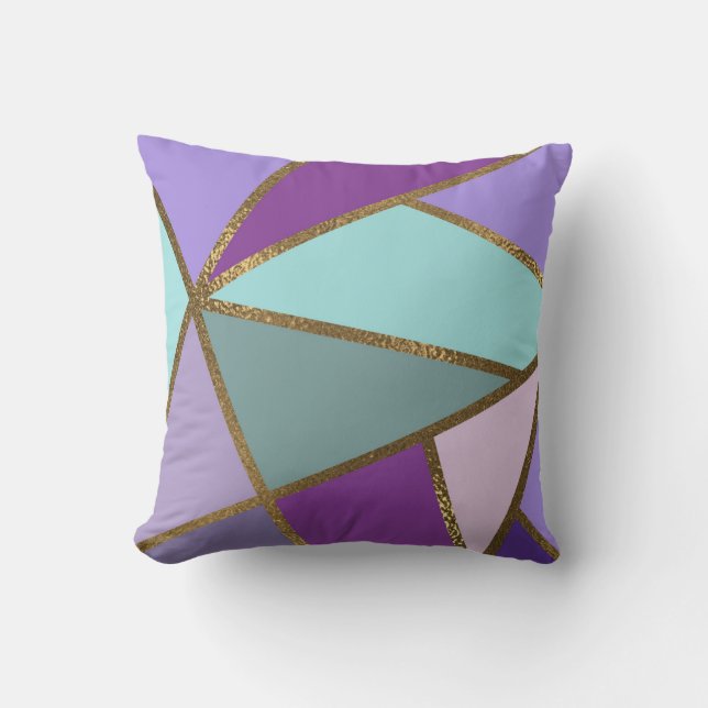Purple Pink Teal Turquoise & Bronze Gold Geometric Throw Pillow (Front)