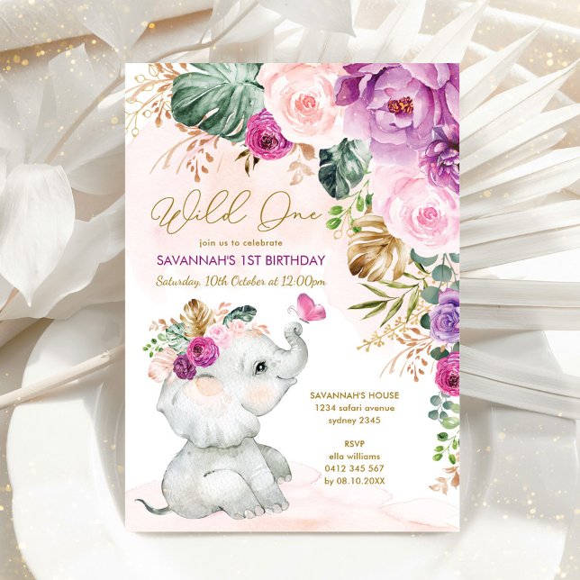 Purple Pink Tropical Floral Elephant 1st Birthday Invitation (Creator Uploaded)