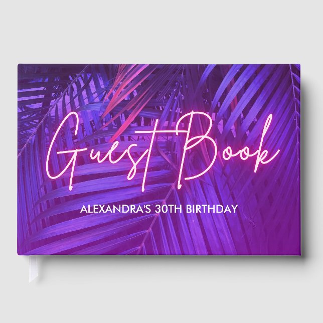 Purple Pink Tropical Palm Leaf Guest Book (Front)