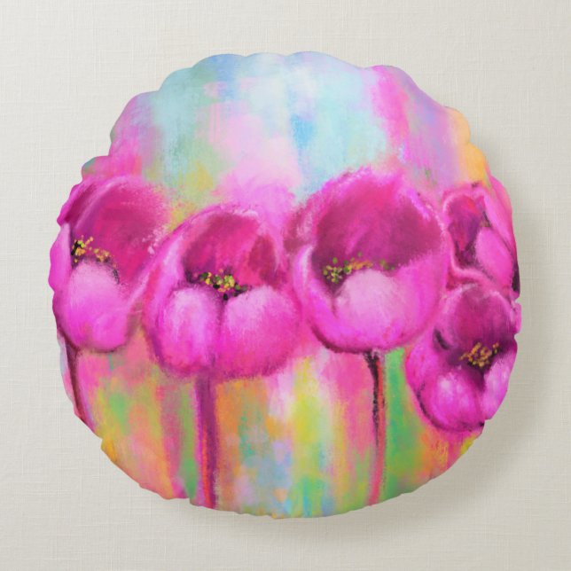 Purple Pink Tulips Round Pillow (Front)