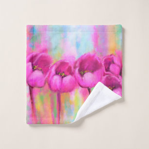 Purple Pink Tulips - Spring Art Original Painting Bath Towel Set