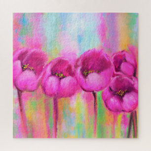 Purple Pink Tulips - Spring Art Original Painting Jigsaw Puzzle