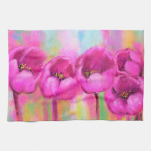 Purple Pink Tulips - Spring Art Original Painting Kitchen Towel