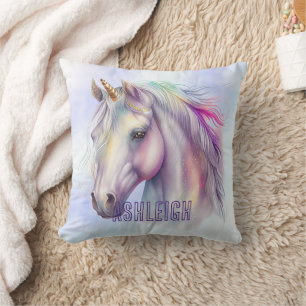 Purple Pink Unicorn Name Throw Pillow