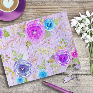 Purple pink vintage floral watercolor rustic wood jigsaw puzzle