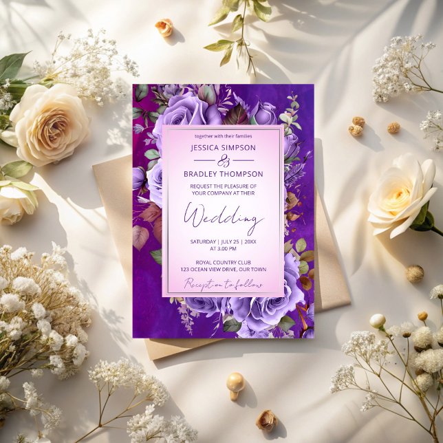 Purple pink vintage roses elegant wedding invitation (Purple lilac pink vintage roses elegant wedding invitation cards template instant download)