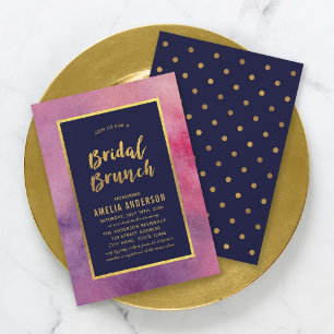 Purple Pink Watercolor and Faux Gold Bridal Brunch Invitation
