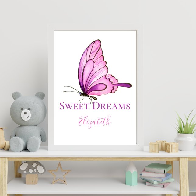 Purple Pink Watercolor Butterfly Nursery Wall Art  (Purple pink Butterfly Personalized Nursery Wall Art)