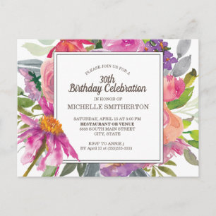 Purple Pink Watercolor Floral 30th Birthday Party Postcard