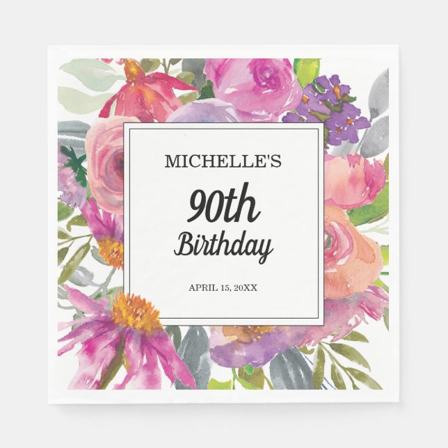 Purple Pink Watercolor Floral 90th Birthday Napkin (Front)