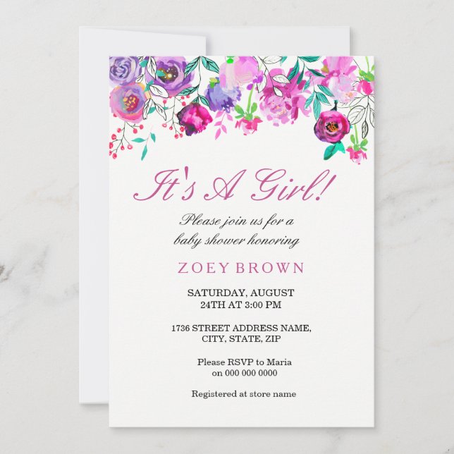 Purple Pink Watercolor Floral Baby Shower Invite (Front)