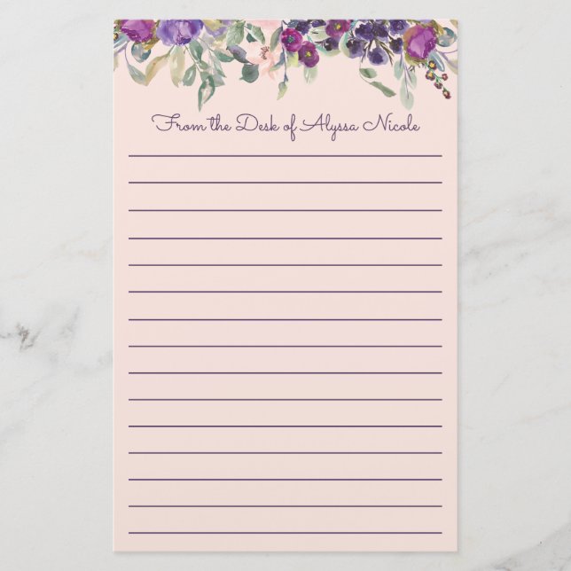 Purple Pink Watercolor Floral Lined Stationery (Front)