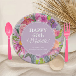 Purple Pink Watercolor Wildflower 60th Birthday Paper Plate