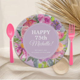 Purple Pink Watercolor Wildflower 75th Birthday Paper Plate