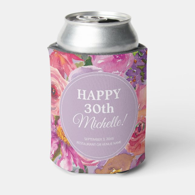 Purple Pink Watercolor Wildflowers 30th Birthday Can Cooler (Can Back)