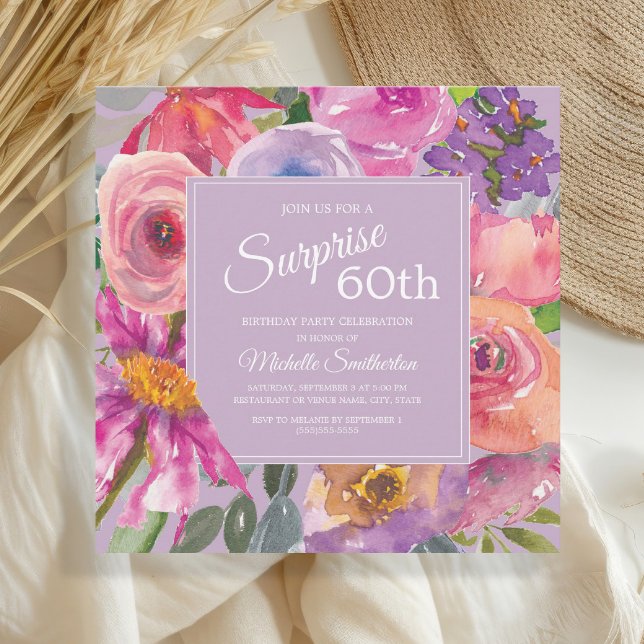 Purple Pink Watercolor Wildflowers 60th Birthday Invitation (Pink and purple watercolor wildflowers surprise 60th birthday party invitation)