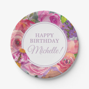 Purple Pink Watercolor Wildflowers Happy Birthday Paper Plate