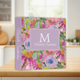 Purple Pink Watercolor Wildflowers Monogram Binder
