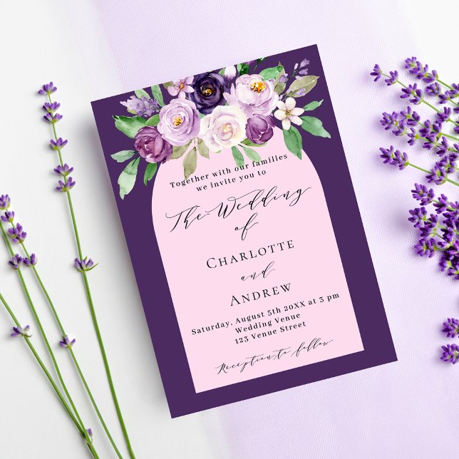 Purple pink watercolored florals arch wedding invitation postcard (Creator Uploaded)