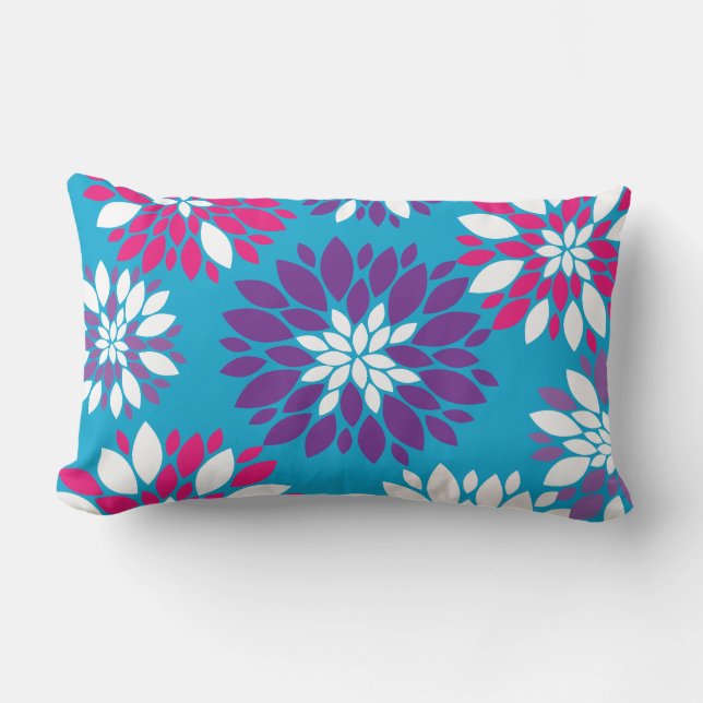 Purple Pink White Flower Art on Blue Lumbar Pillow (Front)
